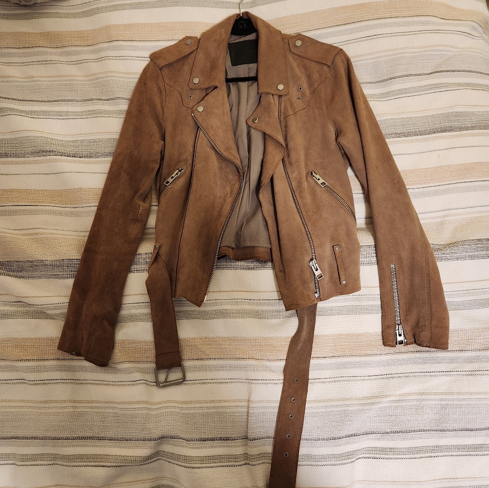 All Saints Genuine Leather Jacket Size 8 Colour Beige - Picture 2 of 5
